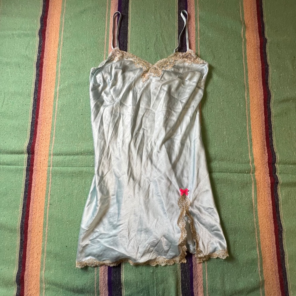 Victoria's Secret Slip Dress Womens XS Blue Satin Lace Trim Bow Lingerie Mini